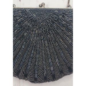 Vtg Dark Navy Seed Bead Clamshell Frame Purse Hong Kong Kiss Lock Satin Lined